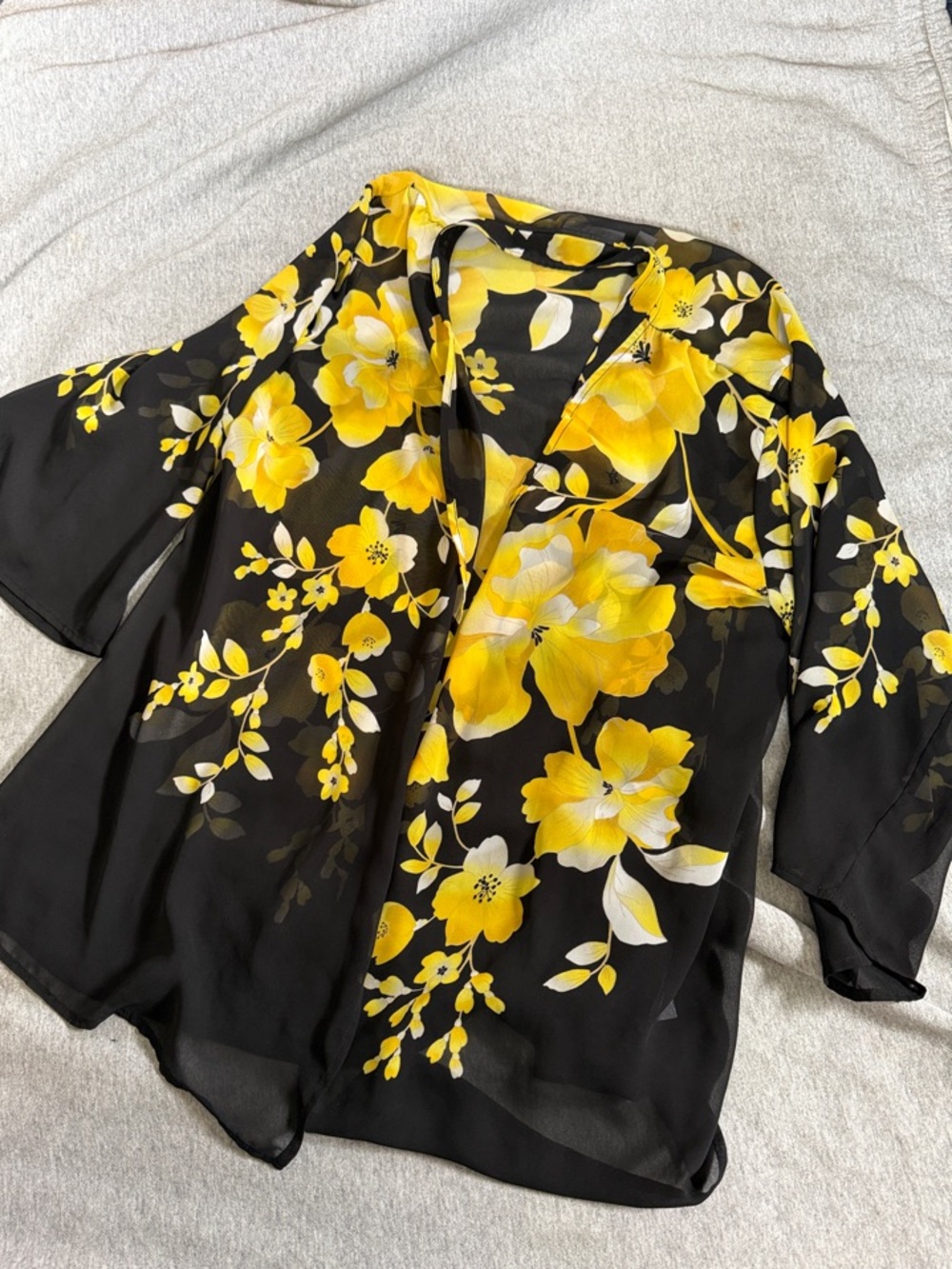 Susan Graver Black Sheer Floral Kimono with Yellow Blooms